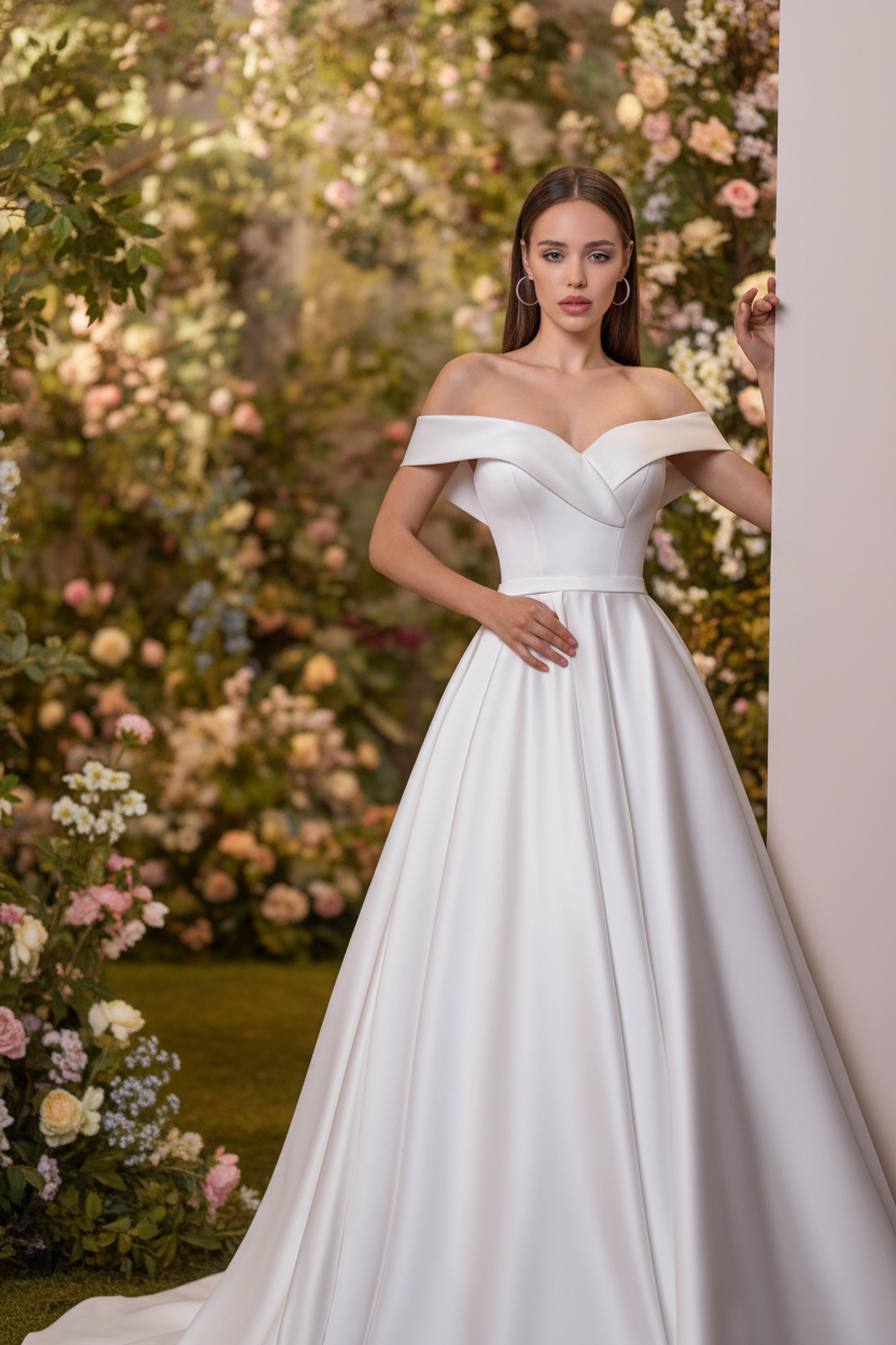 Woman in a white off-shoulder wedding dress standing in a garden with flowers.