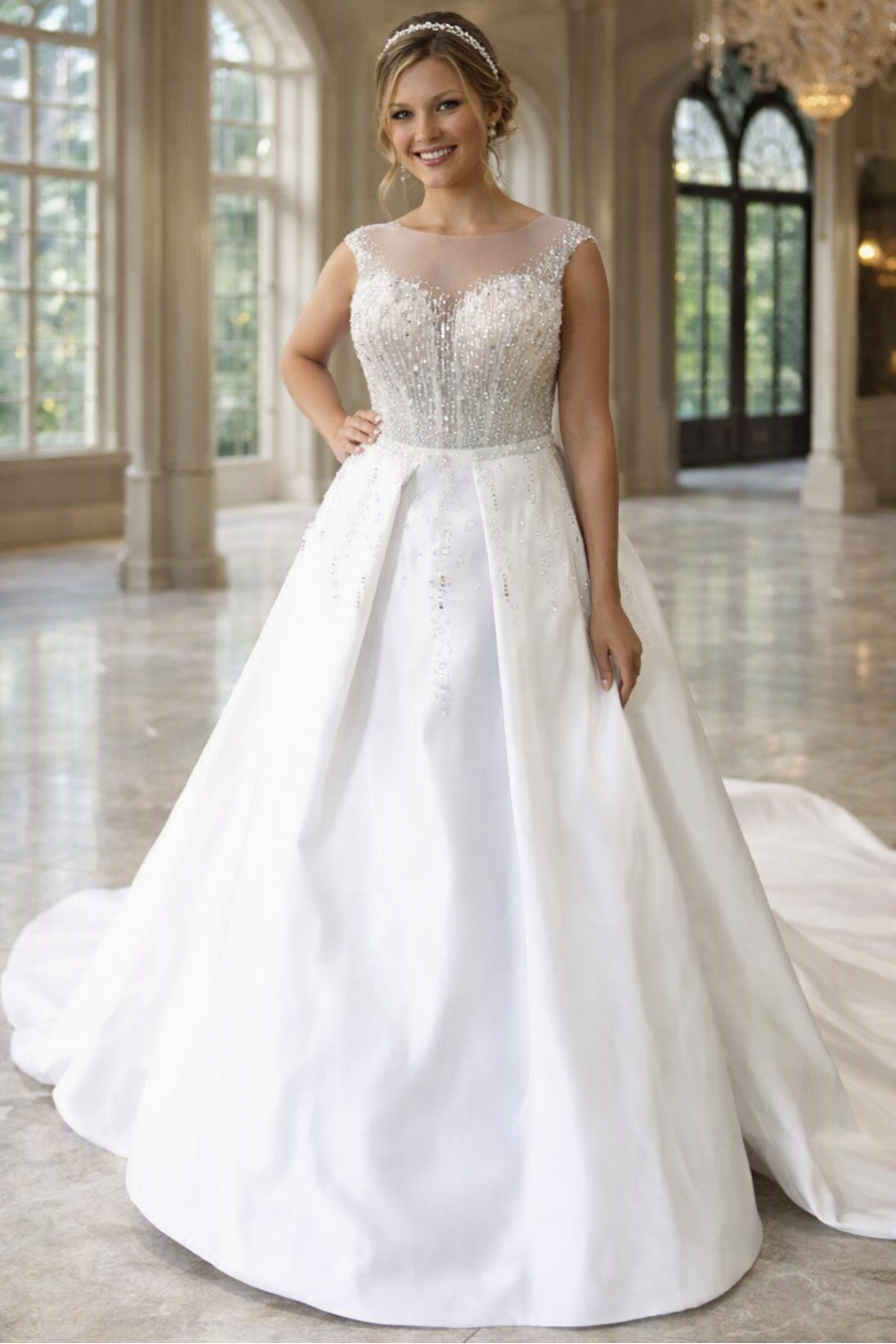 A woman modeling a white ball gown wedding dress in a grand, sunlit hall with tall windows and columns. The dress has a sheer lace bodice, a fitted waist, and a full satin skirt with a train.
